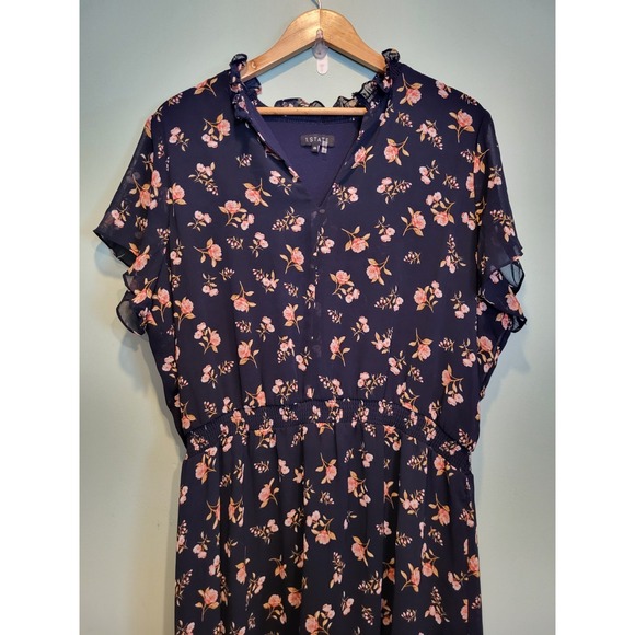 Navy Blue Floral Chiffon Ruffle Hi Lo Whimsigoth Maxi Dress 1 State Sz 2X - Picture 2 of 8